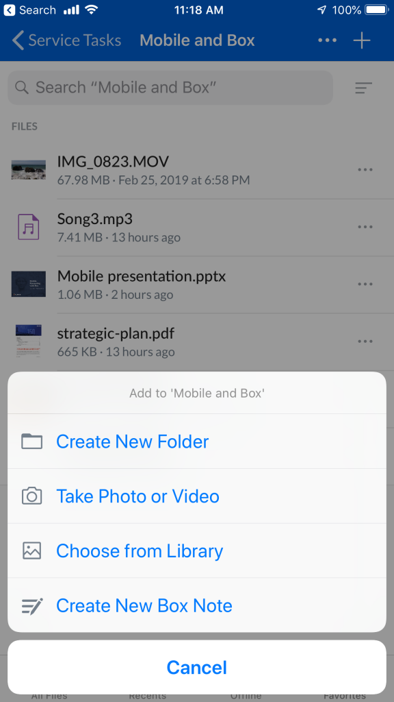 screenshot of box folder actions in mobile app