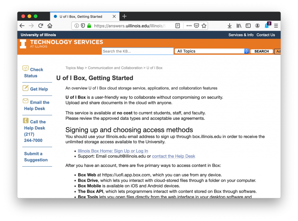 Screenshot of the new Illinois Box getting started page in the Technology Services knowledge base.